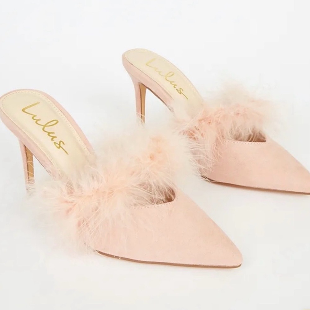 New Lulu's - Wedding Guest Pale Pink Feather-Trim Pointed Toe Mules